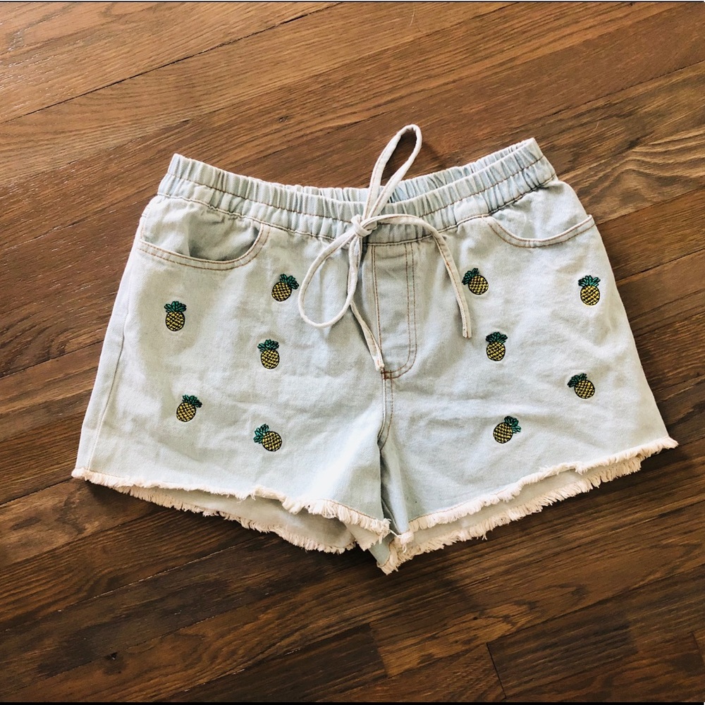 Drawstring Denim Pineapple Shorts L